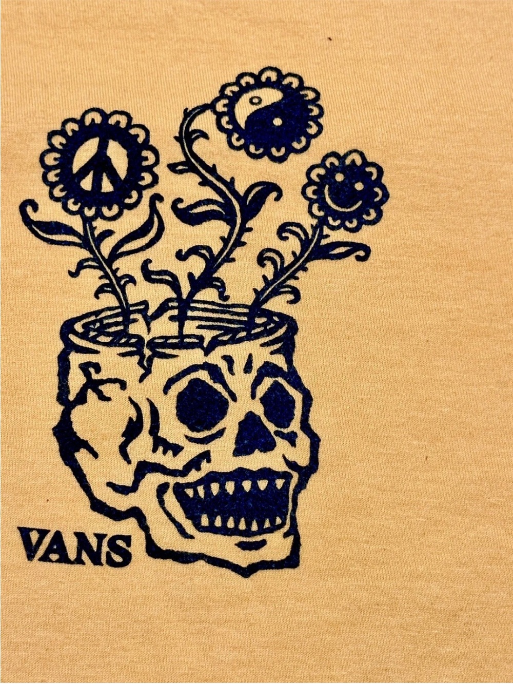 EUC Vans Men T-Shirt Skull Vase Flower Yin Yang Peace Smiley Cotton Mustard XL